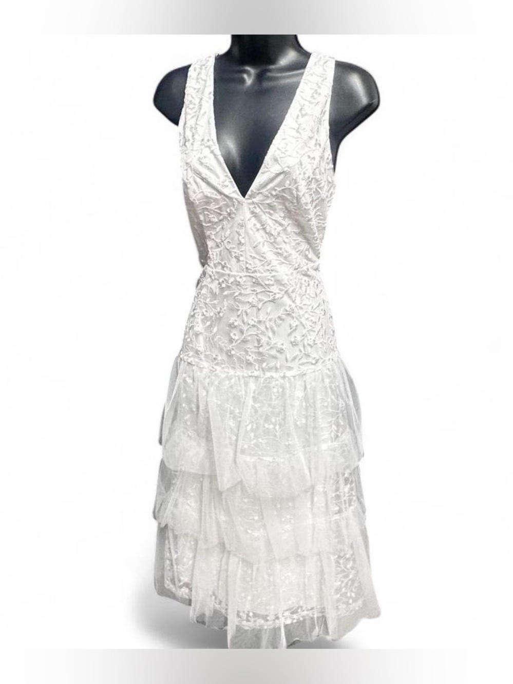 NWT White Wedding or Formal Dress Floral Lace &‎ Tulle Tiered Midi